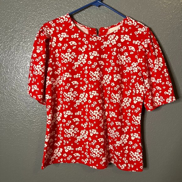 Melloday Size M Red & White Floral Print Short Sleeve Blouse Top - Picture 1 of 3